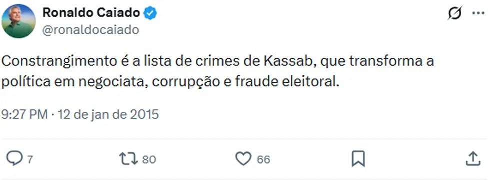 Mensagem publicada por Caiado contra Kassab em 2015 — Foto: Reprodução