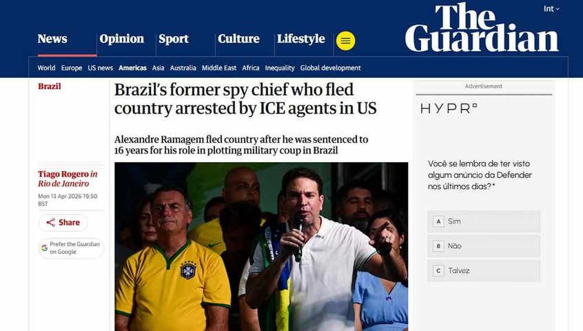 Imprensa estrangeira repercute prisão de Ramagem pelo ICE e destaca
fim de 'busca internacional de seis meses'