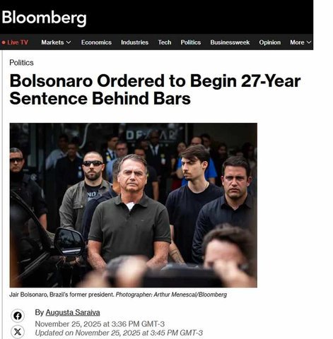 A notícia sobre o início da sentença de Bolsonaro na Bloomberg — Foto: Reprodução