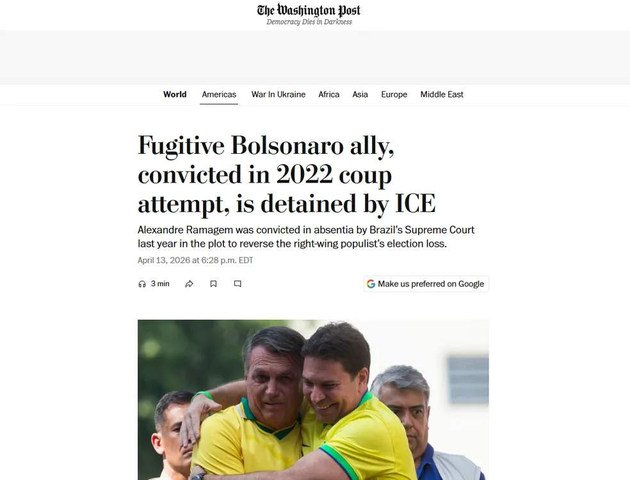 O jornal americano repercutiu a prisão de Ramagem — Foto: Reprodução