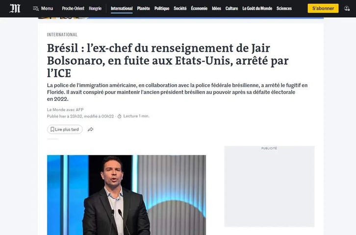 O jornal francês repercutiu a prisão de Ramagem — Foto: Reprodução