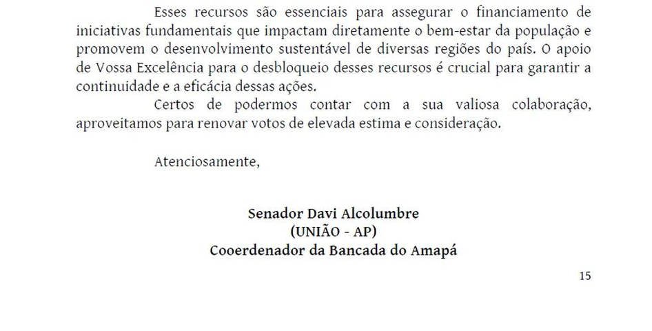 Documento leva a assinatura do próprio presidente do Senado, como coordenador da bancada do Amapá — Foto: Reprodução
