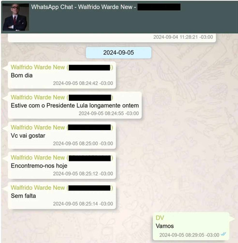 Diálogo entre o advogado Walfrido Warde e Daniel Vorcaro sobre contato com Lula — Foto: Reprodução