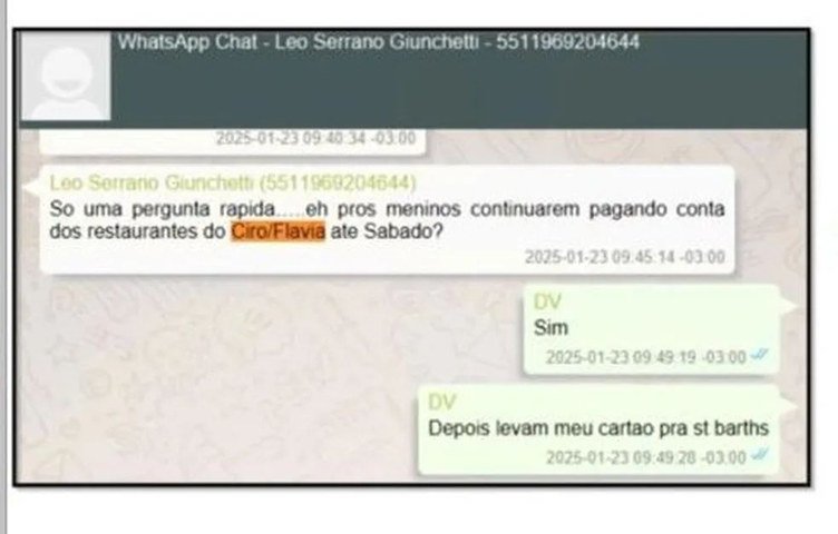 Mensagem em que Vorcaro determina que concierge siga pagando restaurantes para Ciro Nogueira em viagem nos alpes franceses — Foto: Divulgação