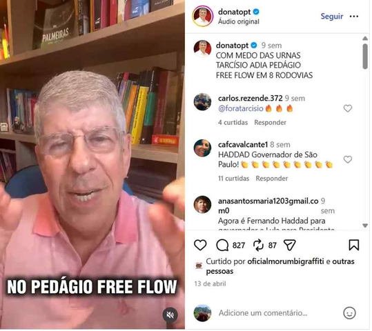 Postagem do deputado estadual Antonio Donato (PT) — Foto: Reprodução Instagram