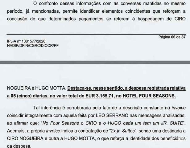 Relatório da PF descreve reserva de estadia para Nogueira e Motta — Foto: Reprodução