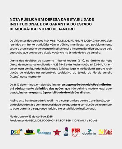 Partidos de esquerda e centro manifestam nota pública contra nova eleição na Alerj antes da decisão do STF — Foto: Reprodução