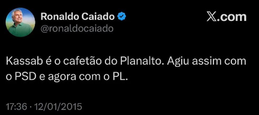 Postagem de Caiado em 2015; foi apagada após a filiação do governador ao PSD — Foto: Reprodução/Redes sociais