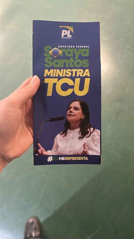 Flyer da deputada Soraya Santos para uma vaga no TCU — Foto: Letícia Pille