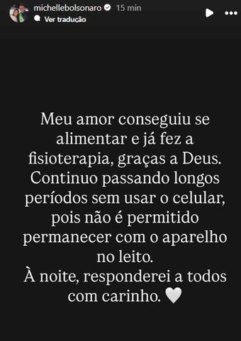 Michelle atualiza estado de Jair Bolsonaro — Foto: Reprodução