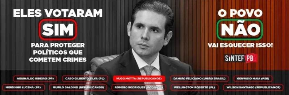Outdoor com críticas ao presidente da Câmara, Hugo Motta, por conta da aprovação da PEC da Blindagem — Foto: Reprodução