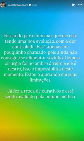Michelle Bolsonaro atualiza sobre estado de saúde de Bolsonaro neste domingo (03/05) — Foto: Reprodução
