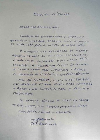 Carta de Jair Bolsonaro — Foto: Reprodução