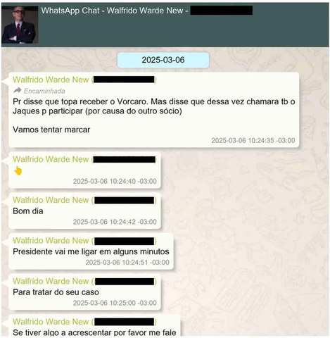 Diálogo entre advogado Walfrido Warde e Daniel Vorcaro: "Presidente vai me ligar em alguns minutos" — Foto: Reprodução