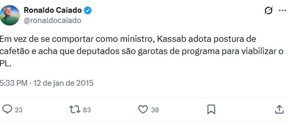 Mensagem publicada por Caiado contra Kassab em 2015 — Foto: Reprodução