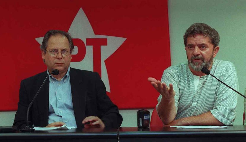 Dirceu e Lula durante entrevista coletiva em 1997 — Foto: José Luiz da Conceição