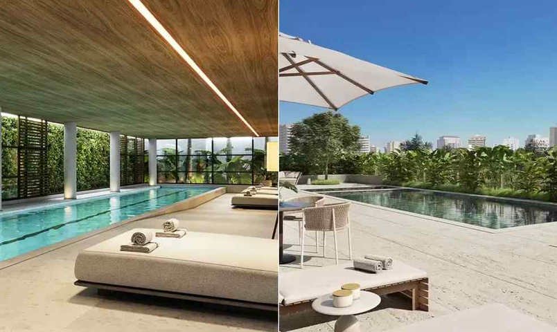 Edifício Vizcaya Itaim conta com duas piscinas, uma interna e outra externa, totalmente climatizadas — Foto: Divulgação: Vizcaya