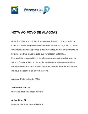 Nota do PL e do PP sobre aliança de Arthur Lira e Alfredo Gaspar em Alagoas — Foto: Divulgação