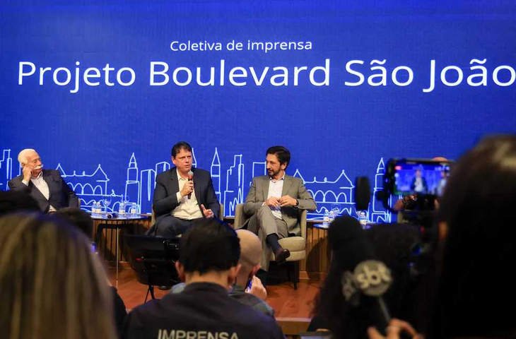 Coletiva de imprensa sobre o projeto Boulevard São João, em São Paulo, com o governador Tarcísio de Freitas (Republicanos) e o prefeito Ricardo NUnes (MDB) — Foto: João Valério/Governo do Estado