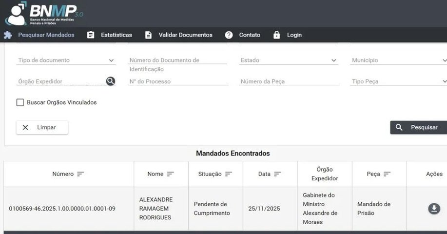 Mandado de prisão contra Alexandre Ramagem no BNMP — Foto: Reprodução