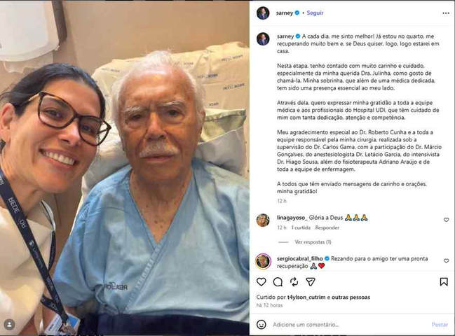 Sarney compartilhou no Instagram que 'logo vai para casa' após cirurgia intestinal — Foto: Reprodução