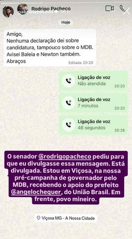 Mensagem de Rodrigo Pacheco compartilhada por Gabriel Azevedo — Foto: Reprodução/Redes sociais