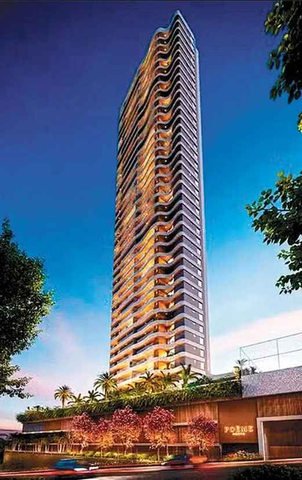 O edifício Poème Horto, em construção, fica em região nobre de Salvador, tem piscina de raia semiolímpica e os apartamentos possuem 173 m² ou 203 m² — Foto: Divulgação