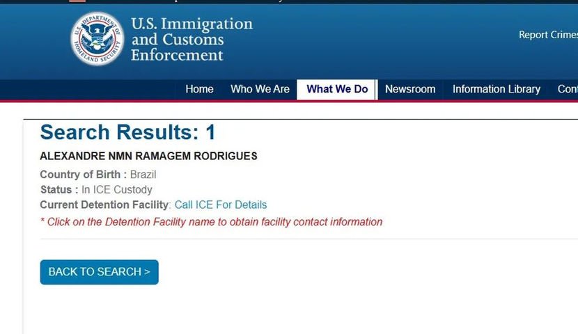 Informação sobre a detenção de Ramagem está no site do governo dos EUA — Foto: Ice