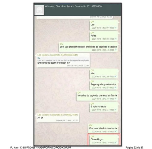 Troca de mensagens entre Daniel Vorcaro e Leo Serrano sobre a reserva de quartos para Ciro e Hugo — Foto: Reprodução