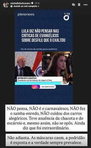 Michelle Bolsonaro critica Lula por declarações sobre desfile da Acadêmicos de Niterói — Foto: Reprodução/Instagram