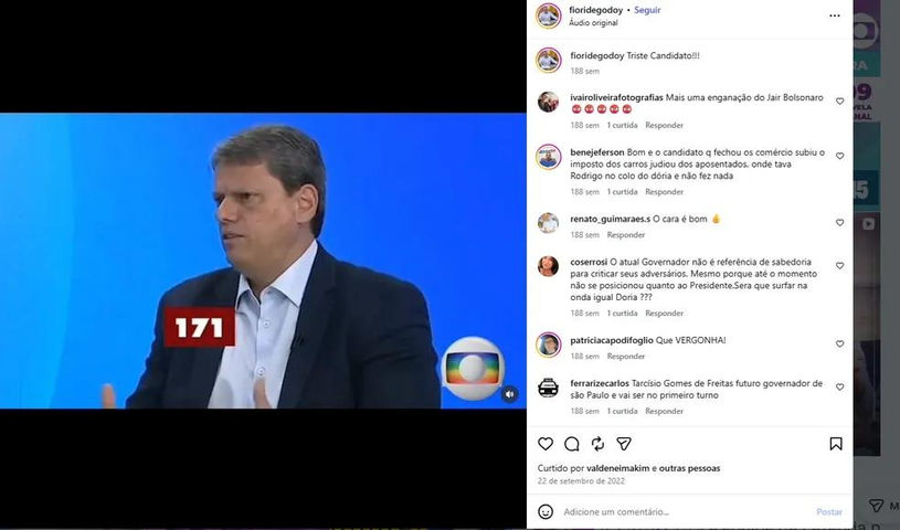 postagem de Fernando Godoy contra Tarcísio de Freitas — Foto: Reprodução Instagram
