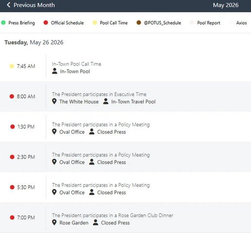 Agenda de Trump para esta terça-feira (26/05) — Foto: Reprodução