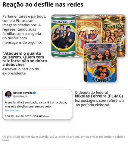 'Família em conserva': Evangélicos reagem à ala de escola que homenageou Lula e criam novo desgaste entre petista e segmento